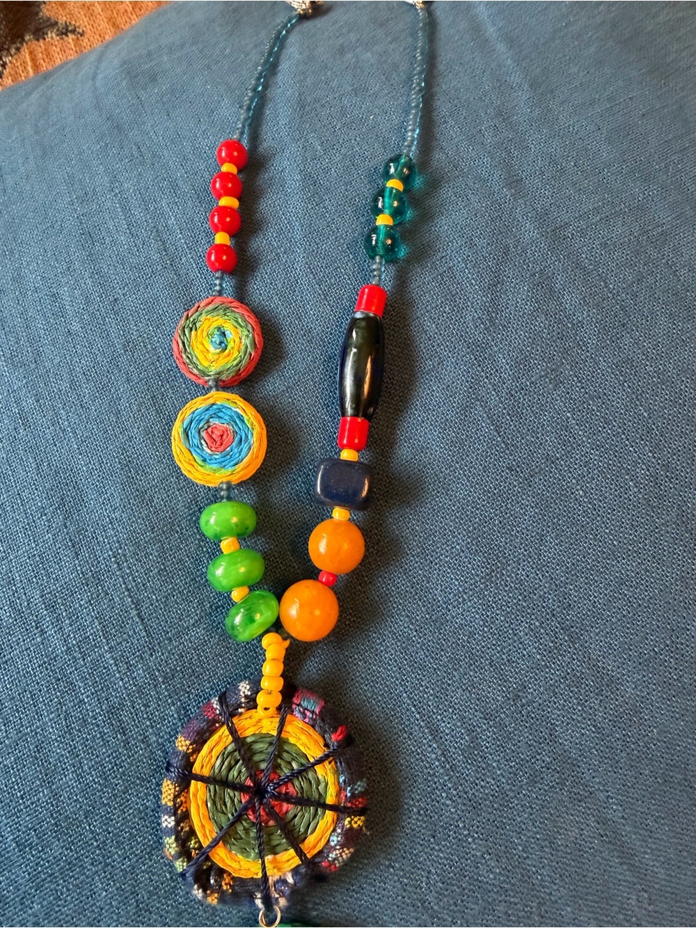 Colorful Boho Multi-Bead Pendant Necklace - Vibrant Green & Yellow Artisan made - Picture 3 of 9